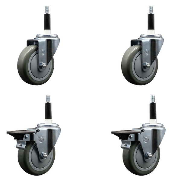 4'' Gray Poly Wheel Swivel 7/8'' Expanding Stem Caster Set 2 Brakes, 4PK